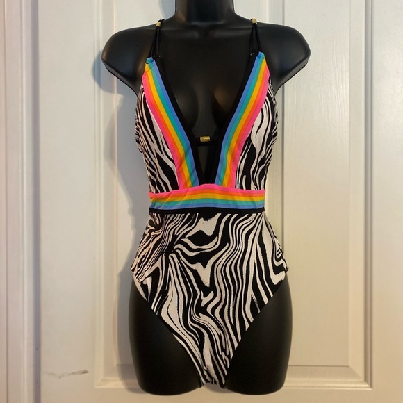 “SUNSHINE 79” Psychedelic Zebra Plunge Bathing Suit - Picture 4 of 16